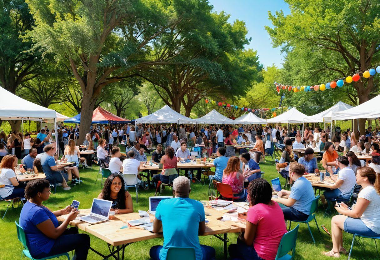 A vibrant community gathering, featuring diverse people of all ages sharing creative artwork and digital screens displaying social media interactions. Colorful decorations, art supplies scattered around, and a backdrop of a park with trees and sunshine. Highlight connections through laughter and engaged discussions. A warm, inviting atmosphere with elements of technology and creativity blended together. super-realistic. vibrant colors. white background.