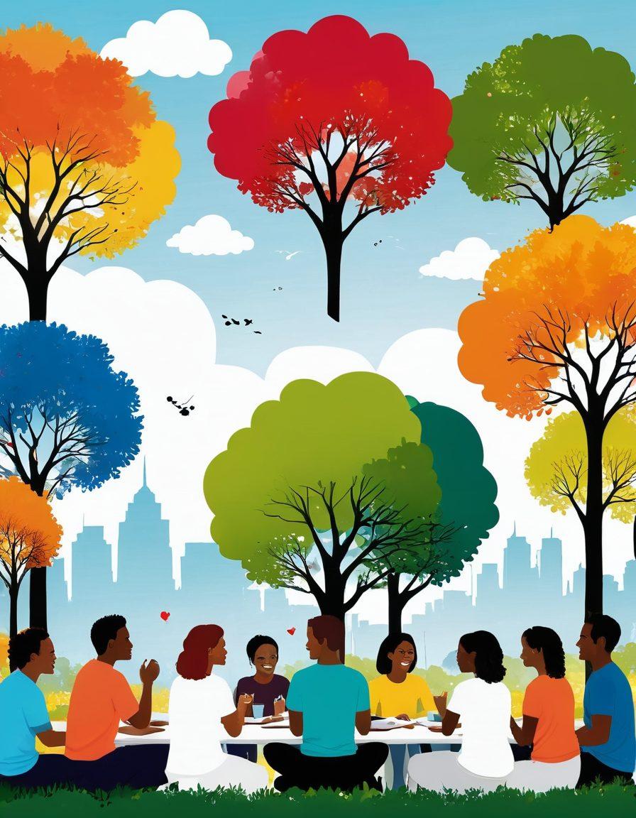 A vibrant community scene where diverse people are joyfully interacting, sharing ideas and experiences. Bright colors symbolize positivity, with elements like speech bubbles and hearts representing communication. Include natural elements like trees and flowers to signify growth and harmony. The background features a picturesque skyline, enhancing a sense of belonging. super-realistic. vibrant colors. white background.